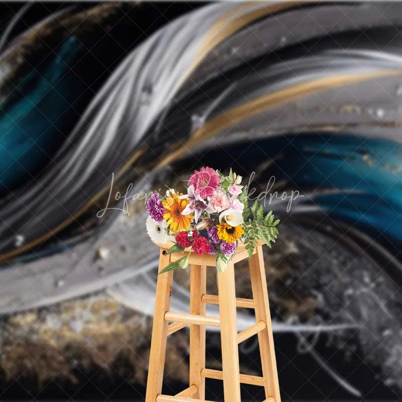 Lofaris Abstract Flowing Waves Fine Art Backdrop Dark Blue Silver Gold Glitter Studio Photography Background