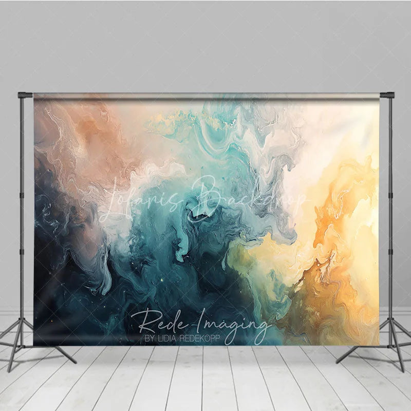 Lofaris Abstract Fluid Art Photography Backdrop Teal Blue Gold Brown Swirls Modern Studio Photo Booth Prop Decor