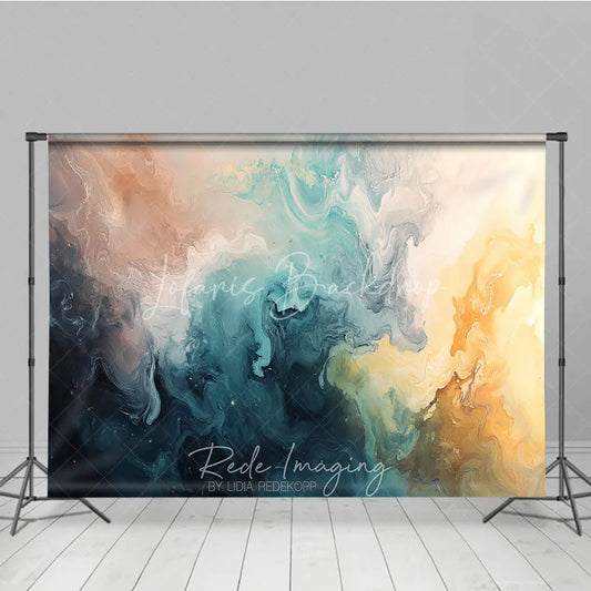 Lofaris Abstract Fluid Art Photography Backdrop Teal Blue Gold Brown Swirls Modern Studio Photo Booth Prop Decor