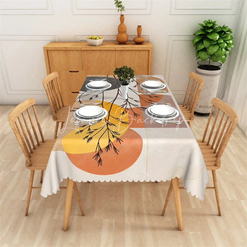 Lofaris Abstract Geometric Branches Rectangle Tablecloth Modern Orange Yellow Beige Scalloped Edge for Dining