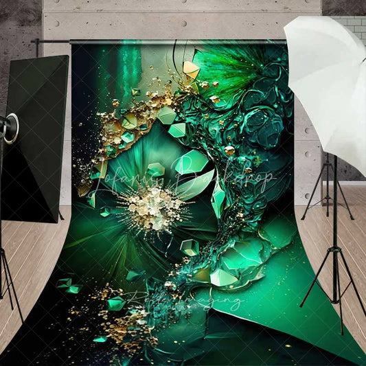 Lofaris Abstract Green Fluid Art and 3D Geometric Backdrop Luxury Gold Flakes Nature Photography Background