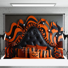 Lofaris Abstract Halloween Headboard Photography Backdrop Orange and Black Wavy Stripes Modern Spooky Bedroom Photo Prop