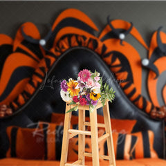 Lofaris Abstract Halloween Headboard Photography Backdrop Orange and Black Wavy Stripes Modern Spooky Bedroom Photo Prop