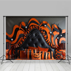 Lofaris Abstract Halloween Headboard Photography Backdrop Orange and Black Wavy Stripes Modern Spooky Bedroom Photo Prop