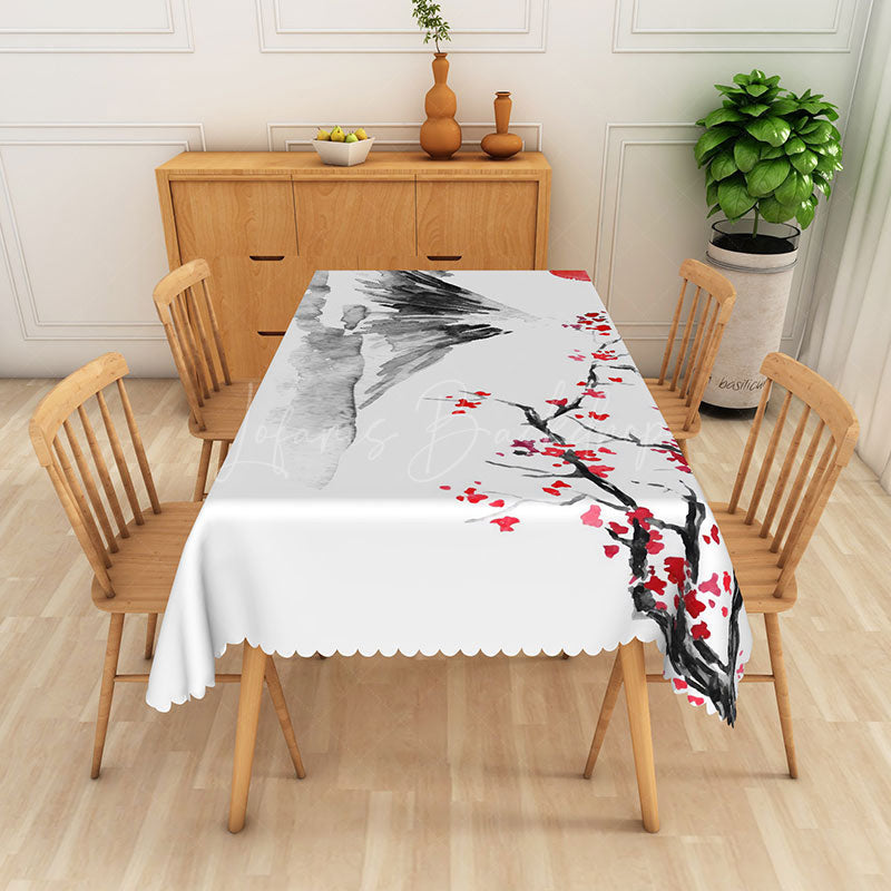 Lofaris Abstract Ink Wash Landscape Rectangle Tablecloth with Floral Accents for Asian Zen Inspired Dining Decor