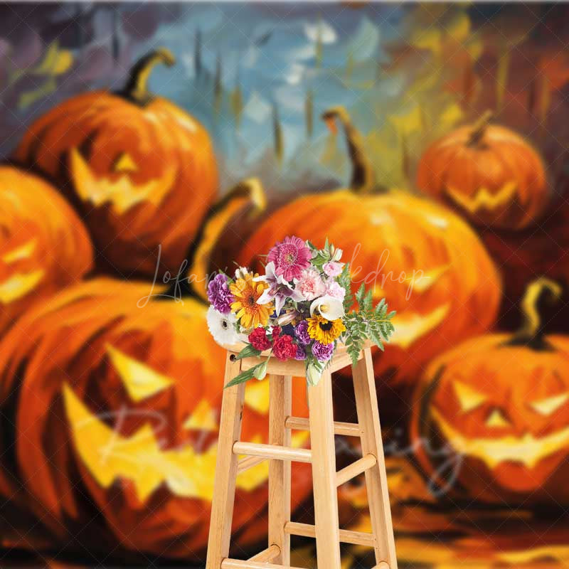 Lofaris Abstract Jack O’ Lantern Oil Painting Photography Backdrop Colorful Carved Pumpkins Modern Halloween Photo Prop