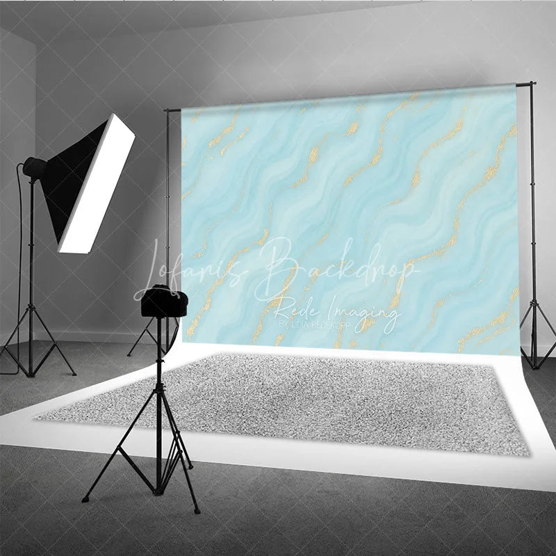 Lofaris Abstract Light Blue and Turquoise Wavy Photography Backdrop with Gold Glitter Elegant Marble Texture