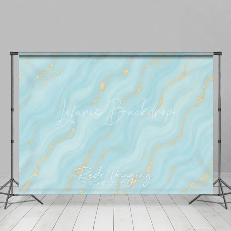 Lofaris Abstract Light Blue and Turquoise Wavy Photography Backdrop with Gold Glitter Elegant Marble Texture