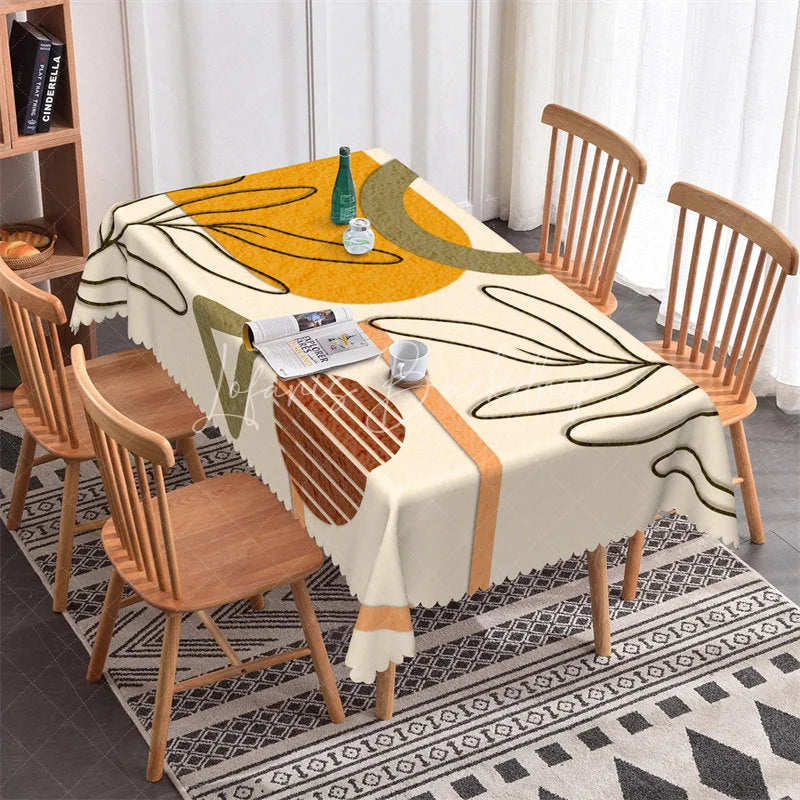 Lofaris Abstract Modern Art Rectangle Tablecloth with Mustard Yellow and Olive Green Shapes Black Line Design for Dining Decor