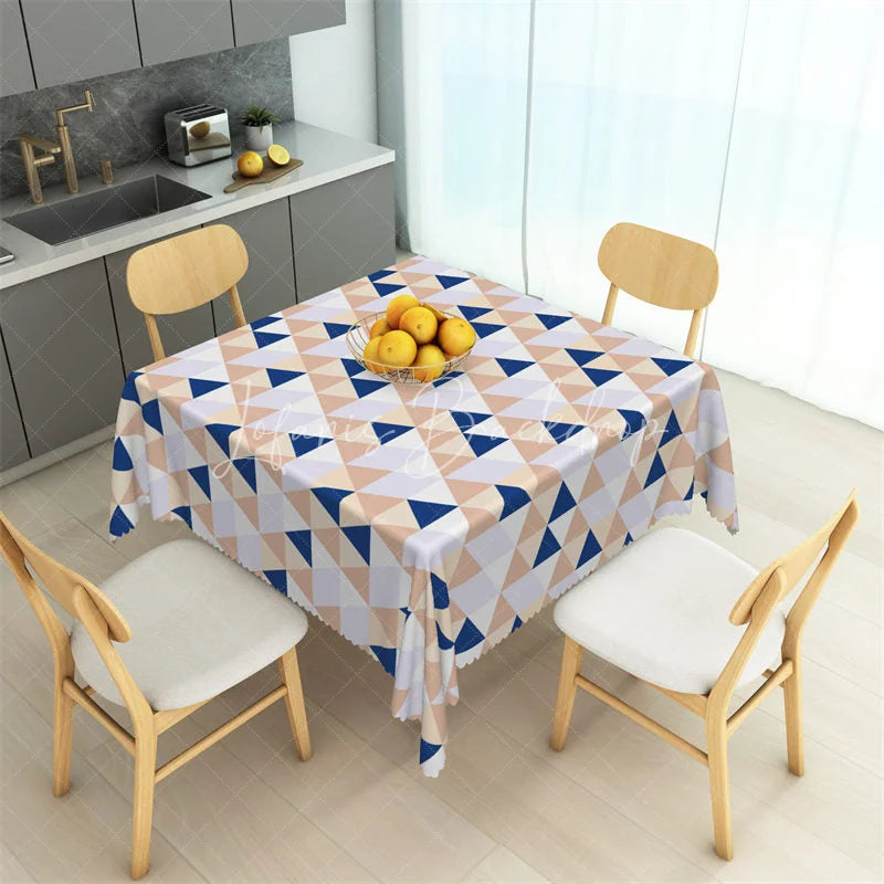 Lofaris Abstract Navy and Beige Triangle Rectangle Tablecloth Modern Geometric Mosaic Pattern Table Cover