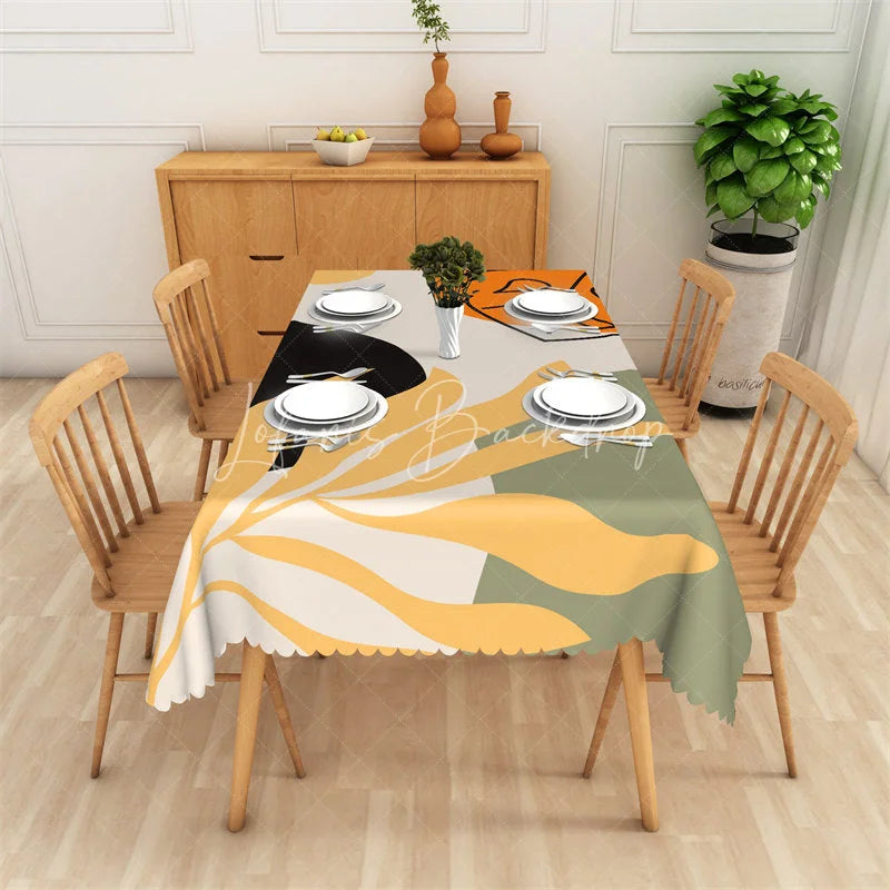 Lofaris Abstract Organic Botanical Rectangle Tablecloth with Scalloped Edge Yellow Green Black Orange Dining Decor