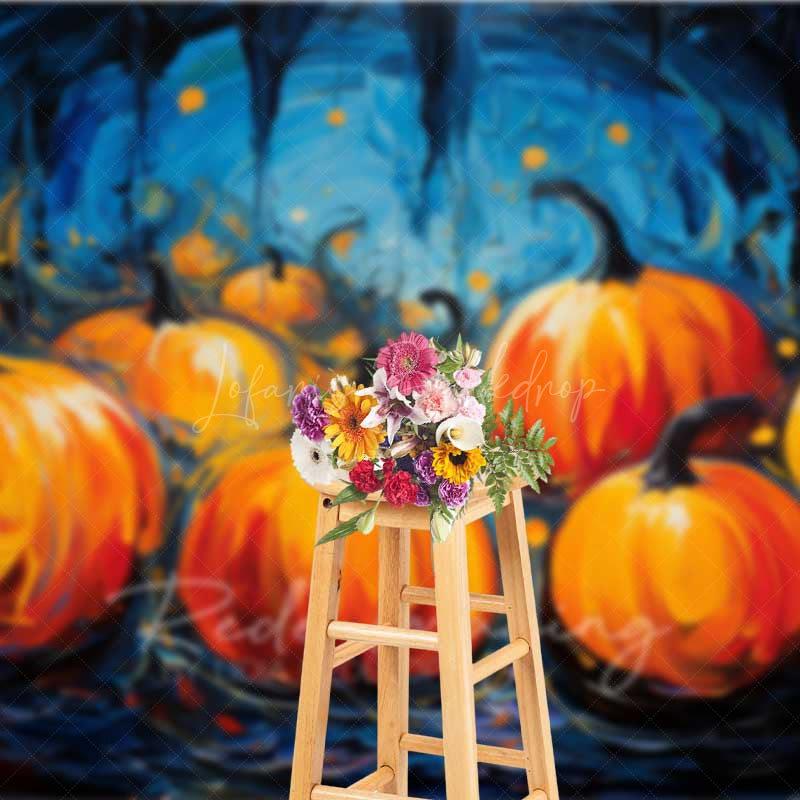 Lofaris Abstract Pumpkin Patch Oil Painting Backdrop Moody Blue and Orange Halloween Fine Art Style Photography Prop