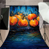 Lofaris Abstract Pumpkin Patch Oil Painting Sweep Backdrop with Floor Moody Blue and Orange Halloween Photography Prop