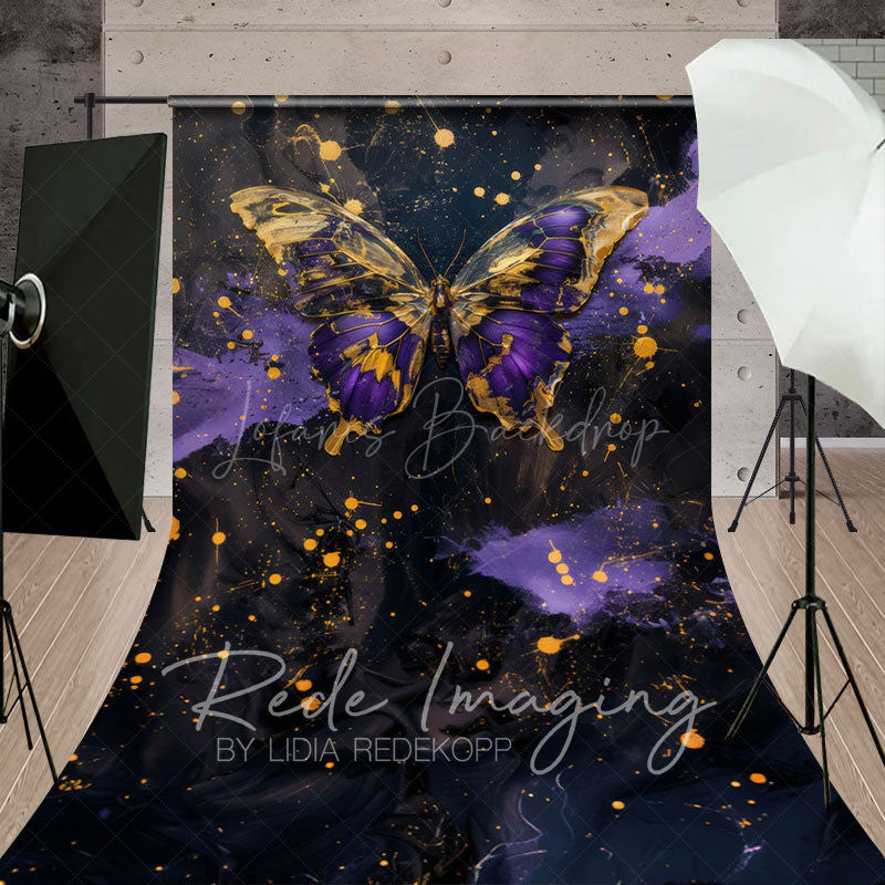 Lofaris Abstract Purple Gold Butterfly Sweep Photo Backdrop