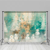 Lofaris Abstract Snowman Photography Backdrop Painterly Winter Forest in Teal and Gold Whimsical Christmas Decor