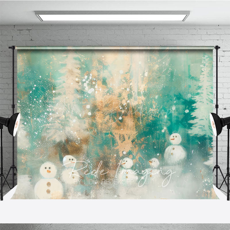 Lofaris Abstract Snowman Photography Backdrop Painterly Winter Forest in Teal and Gold Whimsical Christmas Decor