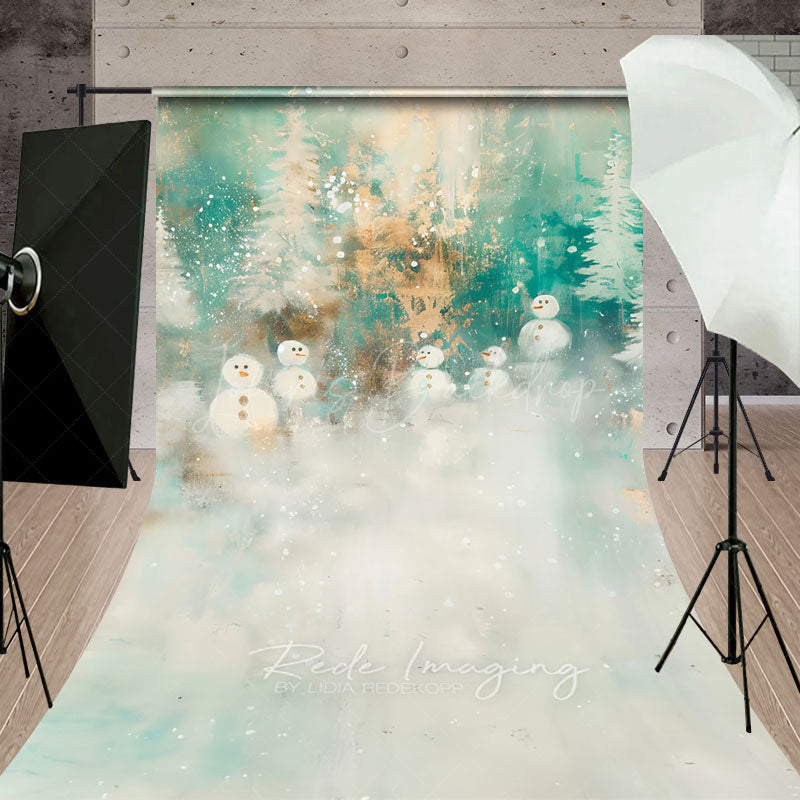 Lofaris Abstract Snowman Sweep Backdrop Painterly Winter Forest in Teal and Gold Whimsical Christmas Floor Drop