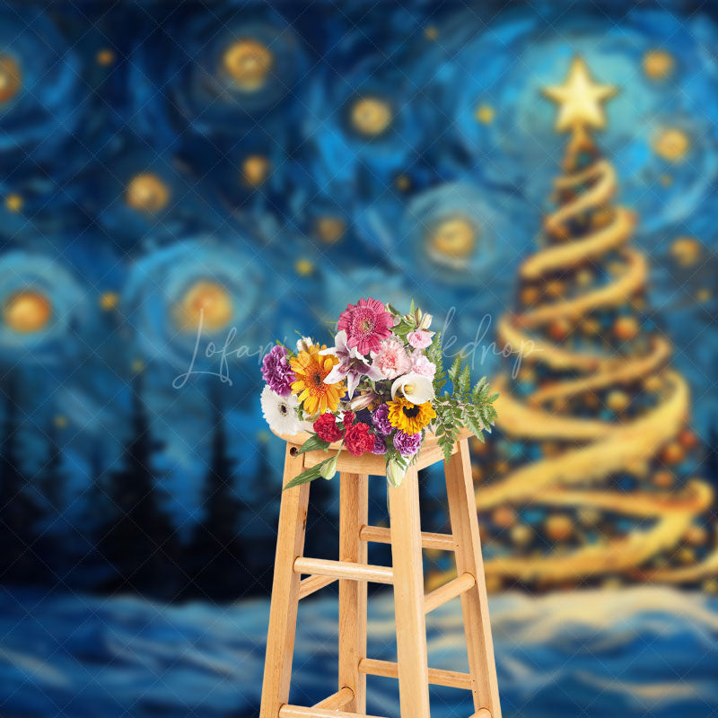 Lofaris Abstract Stars Blue Sky Xmas Tree Christmas Backdrop