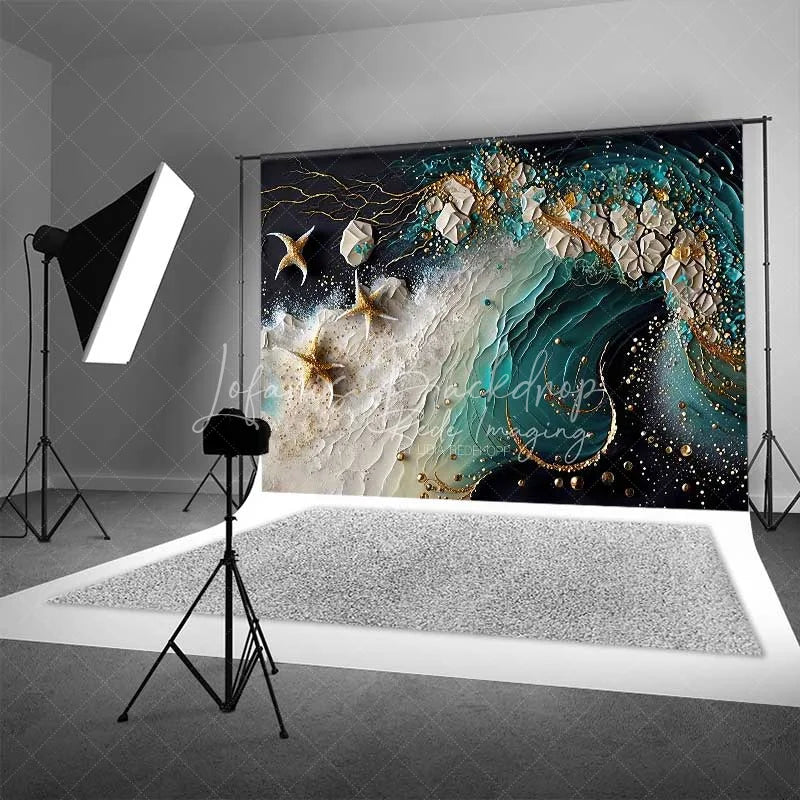 Lofaris Abstract Teal Ocean Wave and Gold Starfish Backdrop Summer Beach Photography Background Party Decor