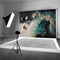Lofaris Abstract Teal Ocean Wave and Gold Starfish Backdrop Summer Beach Photography Background Party Decor