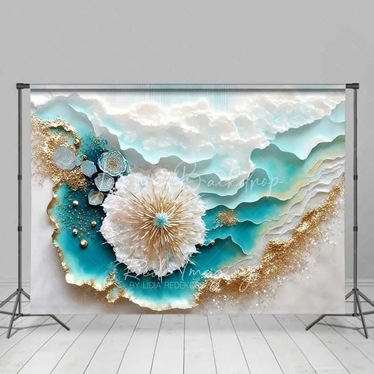 Lofaris Abstract Teal Ocean Waves and Gold Sand Backdrop Summer Beach Art Photography Background Party Decor