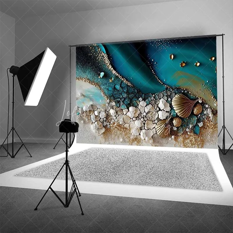 Lofaris Abstract Teal Water and Golden Sand Beach Backdrop Seashell Photography Background Summer Party Decor