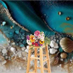 Lofaris Abstract Teal Water and Golden Sand Beach Backdrop Seashell Photography Background Summer Party Decor
