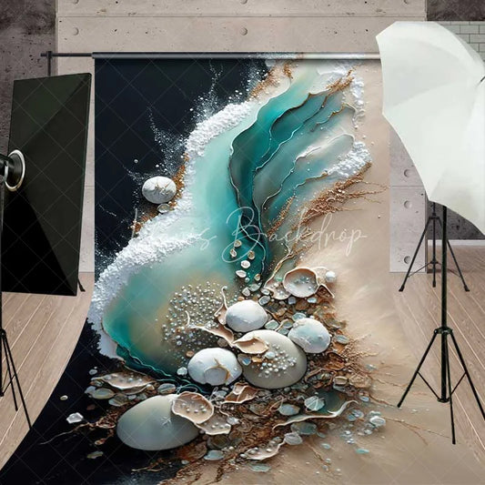 Lofaris Abstract Teal Water Flow and Sand Backdrop White Shells Pearls Elegant Beach Photography Background