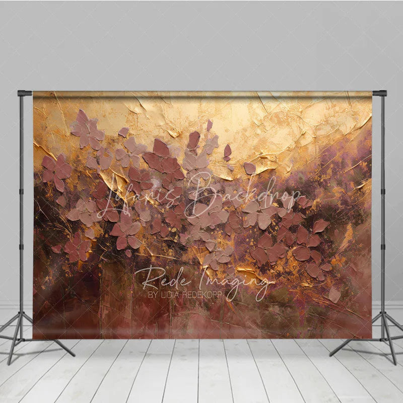 Lofaris Abstract Textured Floral Photography Backdrop Gold and Plum Palette with Elegant Painterly Design