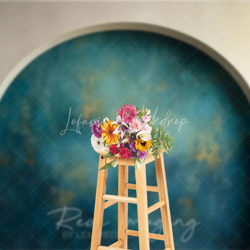 Lofaris Abstract Textured Teal and Gold Arched Photography Backdrop Old Master Style Portrait Studio Background