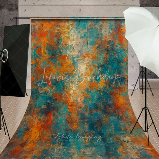 Lofaris Abstract Textured Teal Orange and Gold Sweep Backdrop Rustic Distressed Painterly Art Background
