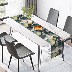 Lofaris Abstract Tropical Table Runner with Green Monstera Plant Print for Summer Dining and Kitchen Decor