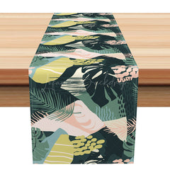 Lofaris Abstract Tropical Table Runner with Green Monstera Plant Print for Summer Dining and Kitchen Decor