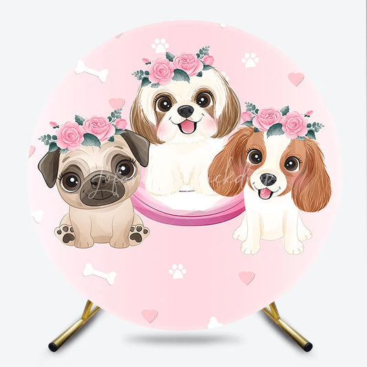 Lofaris Adorable Cartoon Puppies with Pink Floral Wreaths Round Backdrop Sweet Pet Themed Birthday Party and Baby Shower Decor