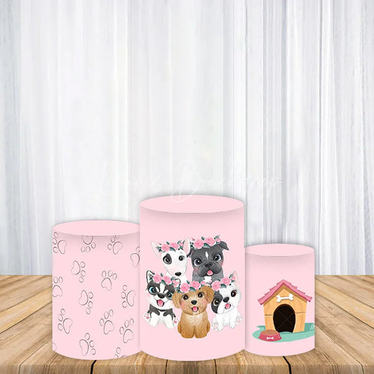 Lofaris Adorable Pink Cartoon Dogs and Paw Prints Cylinder Cover Cute Pet Themed Birthday Party Decor