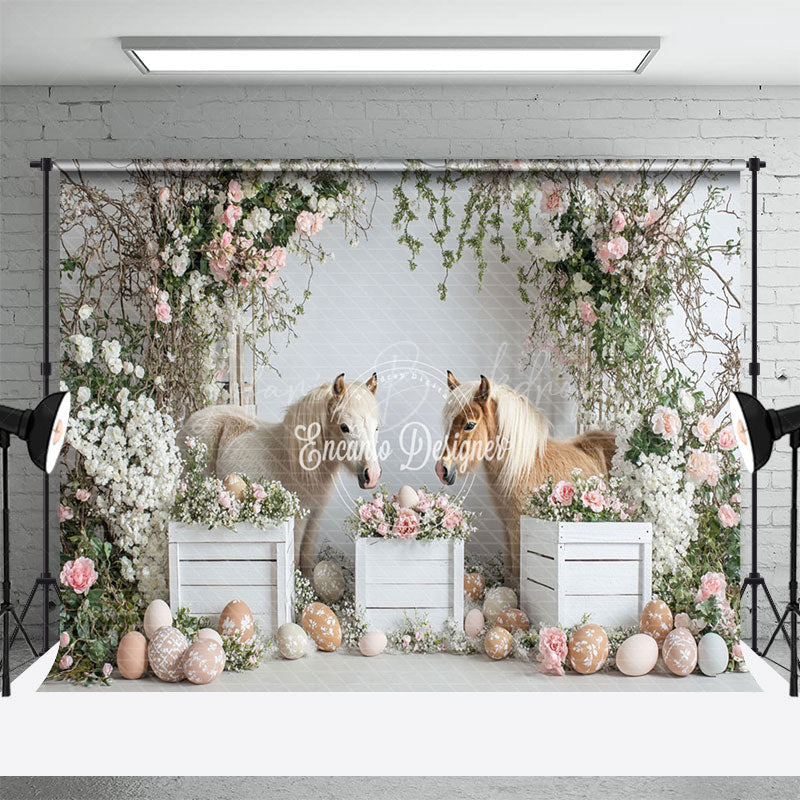 Lofaris Adorable Pony Pair Easter Eggs Floral Decor Backdrop