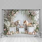 Lofaris Adorable Pony Pair Easter Eggs Floral Decor Backdrop