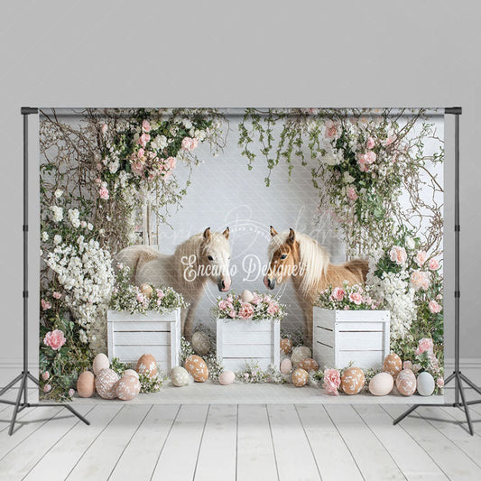 Lofaris Adorable Pony Pair Easter Eggs Floral Decor Backdrop
