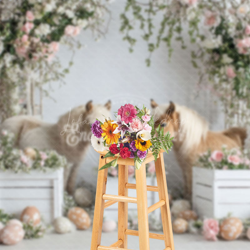 Lofaris Adorable Pony Pair Easter Eggs Floral Decor Backdrop