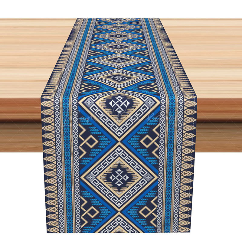 Lofaris Aesthetic Aztec Tribal Table Runner in Blue for Modern Bohemian and Southwest Style Dining Decor