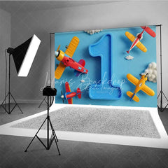 Lofaris Airplane 1st Birthday Backdrop Blue Sky Cloud Boy Photography Background Cartoon Pilot Cake Smash Photo Prop