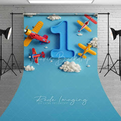 Lofaris Airplane 1st Birthday Sweep Photo Backdrop Blue Sky Cloud Pilot Cake Smash Background Cartoon Plane Boy Floor Prop