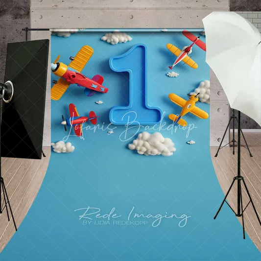 Lofaris Airplane 1st Birthday Sweep Photo Backdrop Blue Sky Cloud Pilot Cake Smash Background Cartoon Plane Boy Floor Prop