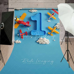 Lofaris Airplane 1st Birthday Sweep Photo Backdrop Blue Sky Cloud Pilot Cake Smash Background Cartoon Plane Boy Floor Prop