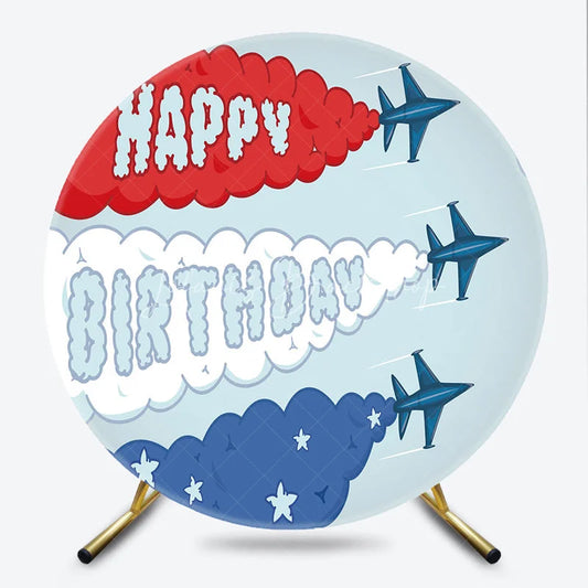 Lofaris Airplane Fighter Jet Round Backdrop Red White and Blue Smoke Party Supplies for Birthday