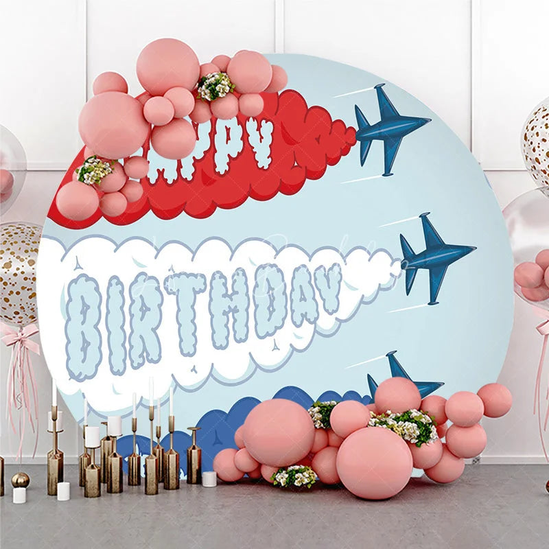 Lofaris Airplane Fighter Jet Round Backdrop Red White and Blue Smoke Party Supplies for Birthday
