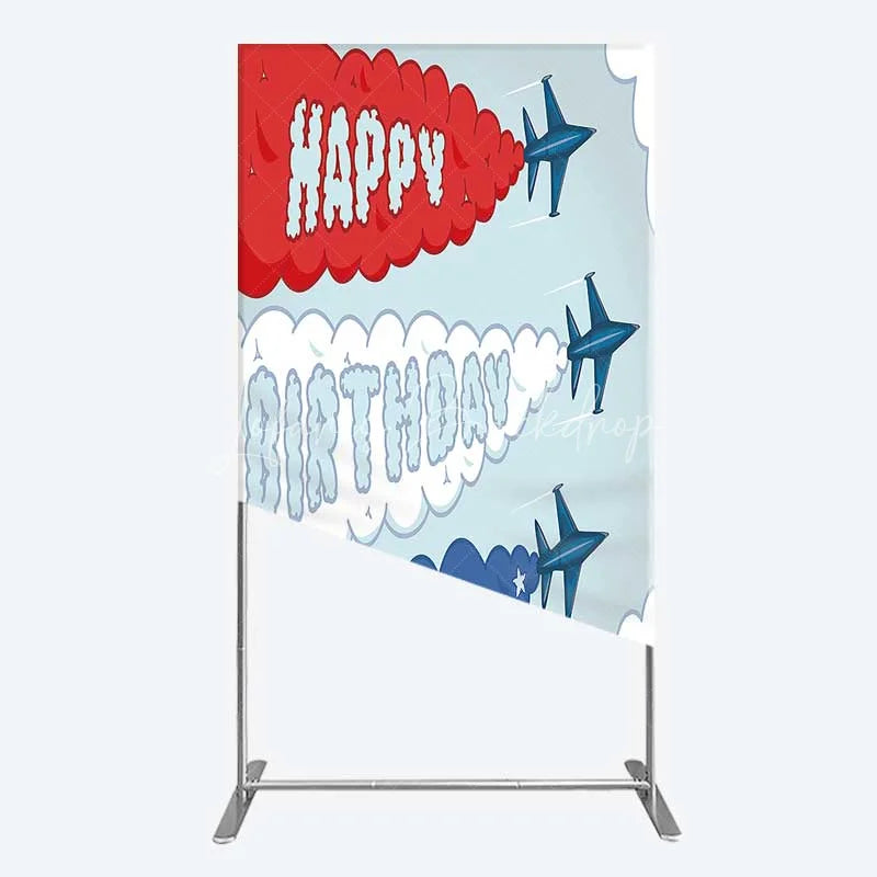 Lofaris Airplane Jet Happy Birthday Rectangle Backdrop Red White and Blue Aviation Theme Party Background
