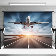 Lofaris Airplane Runway Backdrop Large Passenger Plane Taking Off Sky Photography Background Travel Theme Party Decoration