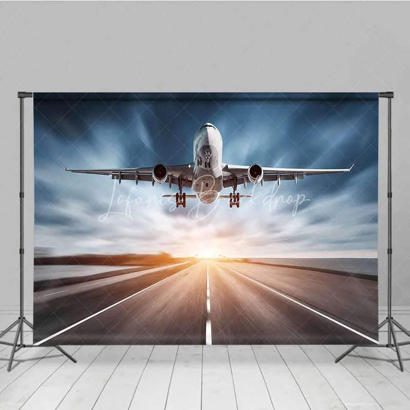 Lofaris Airplane Runway Backdrop Large Passenger Plane Taking Off Sky Photography Background Travel Theme Party Decoration