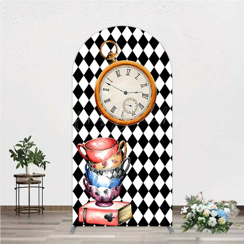 Lofaris Alice in Wonderland Inspired Birthday Arch Backdrop Mad Hatter Tea Party with Clock Whimsical Photo Prop Decor